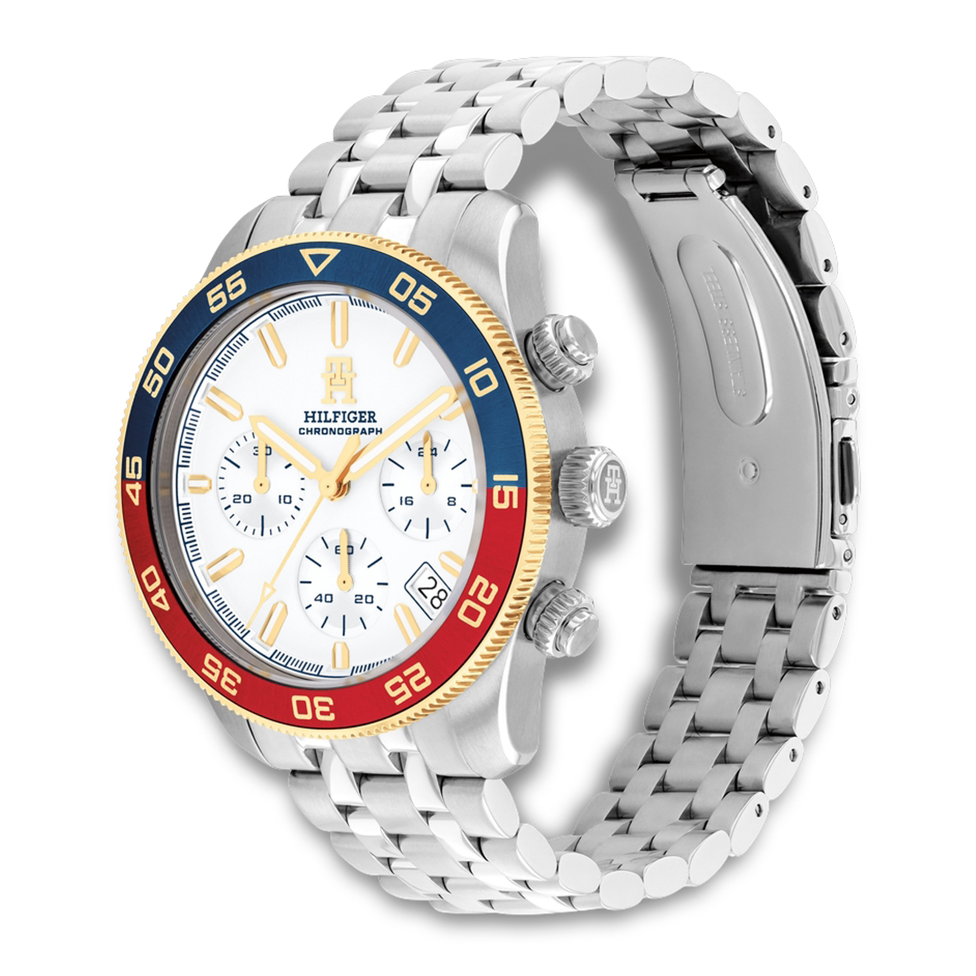 Tommy Hilfiger TH85 Chrono herreur med blå og rød lynette samt stållænke 1792184