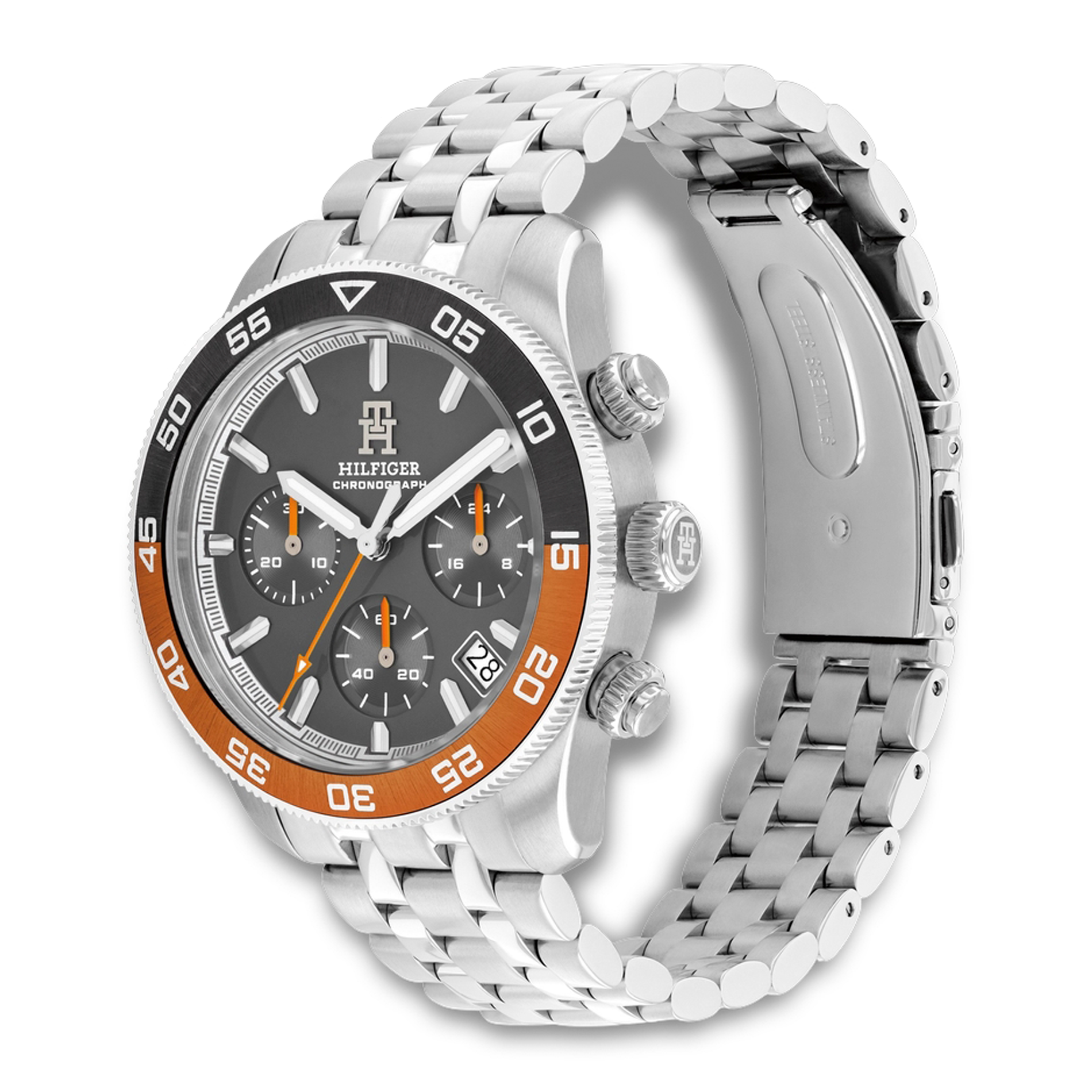 Tommy Hilfiger TH85 Chrono herreur med orange detaljer og stållænke 1792186
