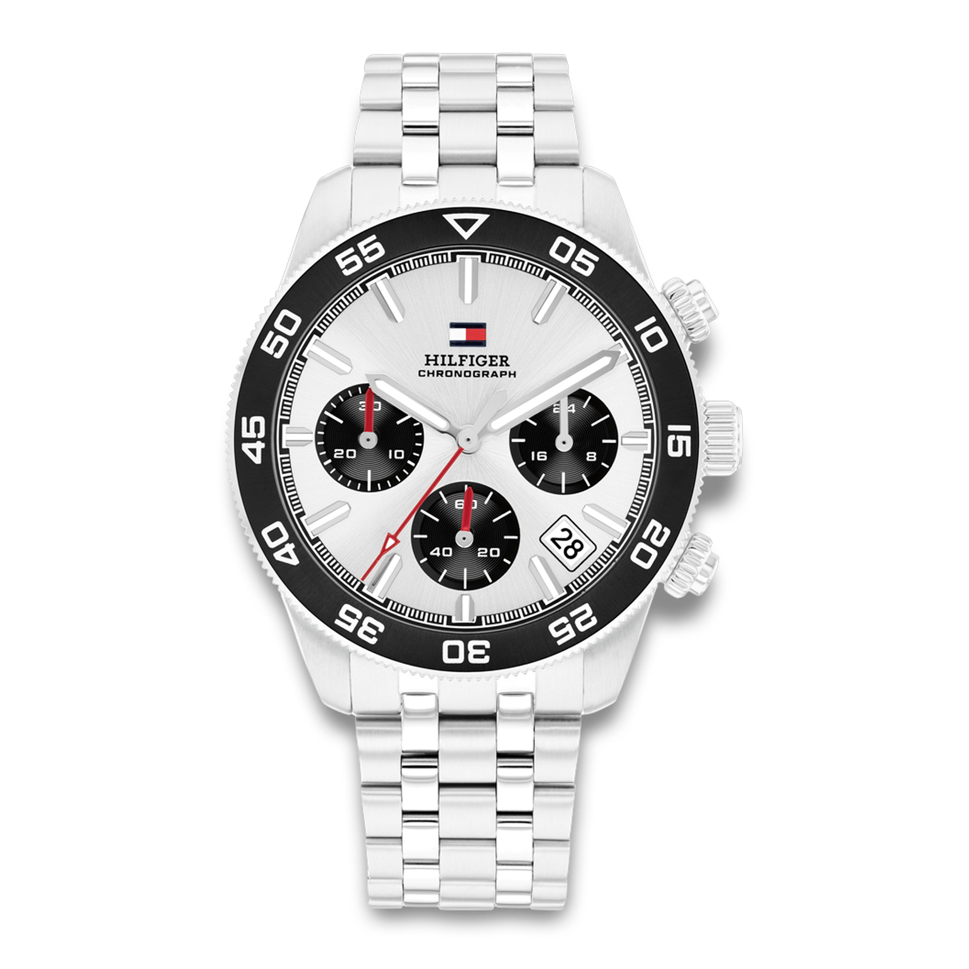 Tommy Hilfiger TH85 Chronograph 41 mm herreur med sølvhvid urskive og stållænke 1792214