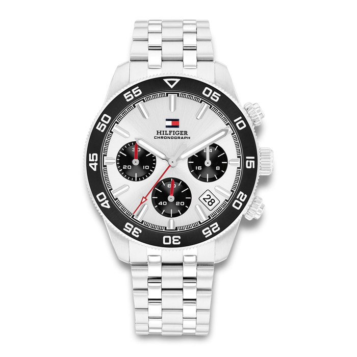 Tommy Hilfiger TH85 Chronograph 41 mm herreur med sølvhvid urskive og stållænke 1792214