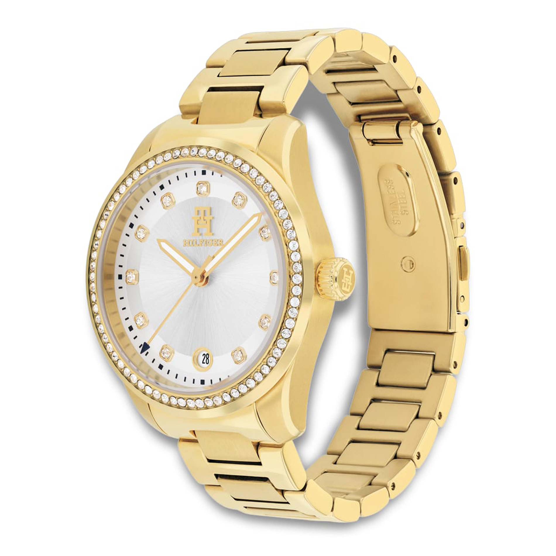 Tommy Hilfiger TH85 Crystals 36 mm dameur i guldfarvet stål set fra siden 1782758