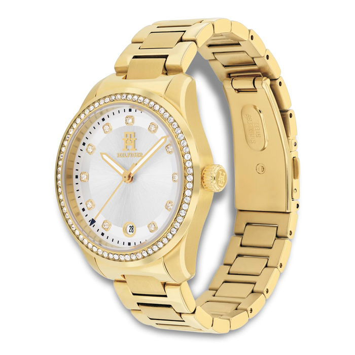 Tommy Hilfiger TH85 Crystals 36 mm dameur i guldfarvet stål set fra siden 1782758