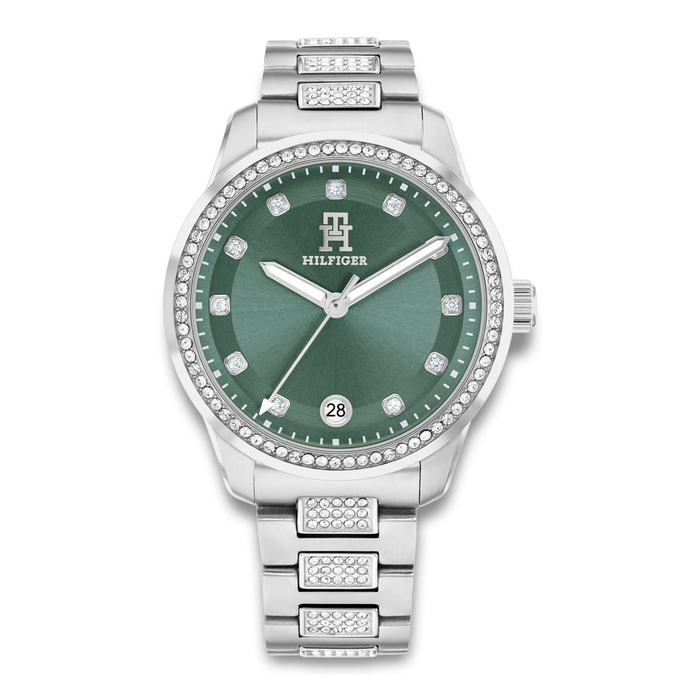 Tommy Hilfiger TH85 Crystals 36 mm dameur med grøn urskive og krystalbesat lynette 1782759