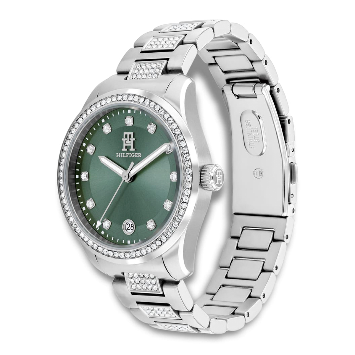 Tommy Hilfiger TH85 Crystals 36 mm dameur i stål med grøn skive set fra siden 1782759
