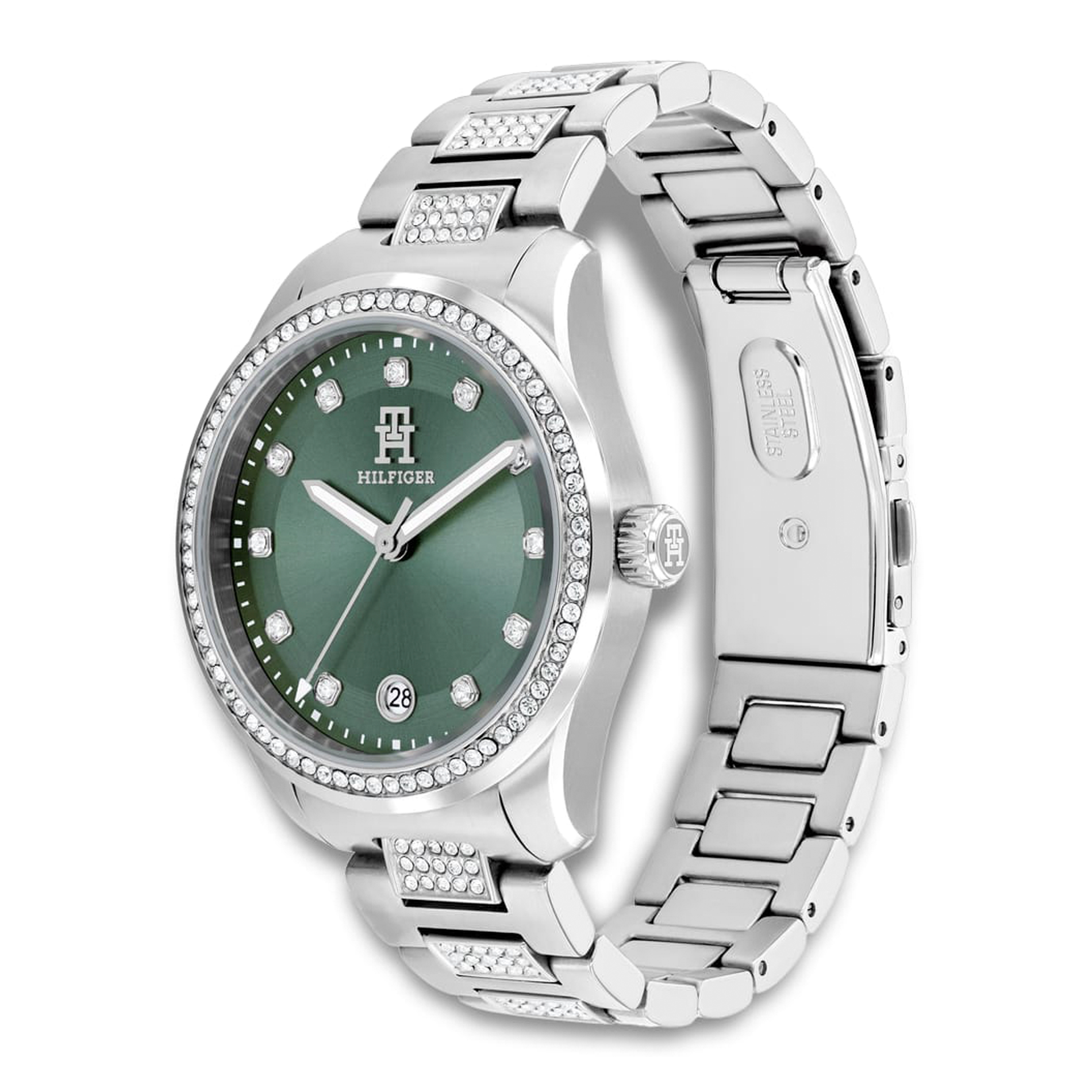 Tommy Hilfiger TH85 Crystals 36 mm dameur i stål med grøn skive set fra siden 1782759