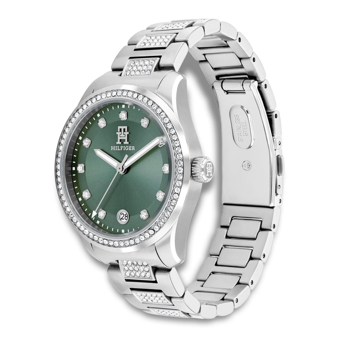 Tommy Hilfiger TH85 Crystals 36 mm dameur i stål med grøn skive set fra siden 1782759