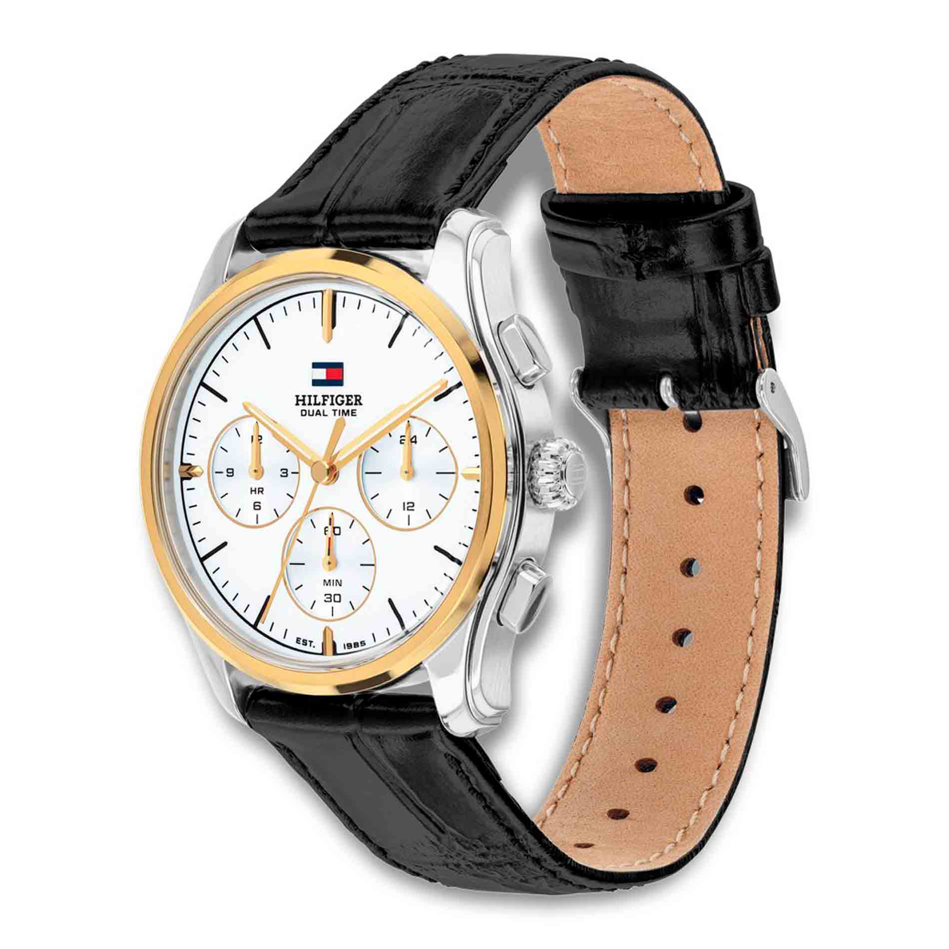Tommy Hilfiger The Empire 38 mm herreur set fra siden med bicolor urkasse
