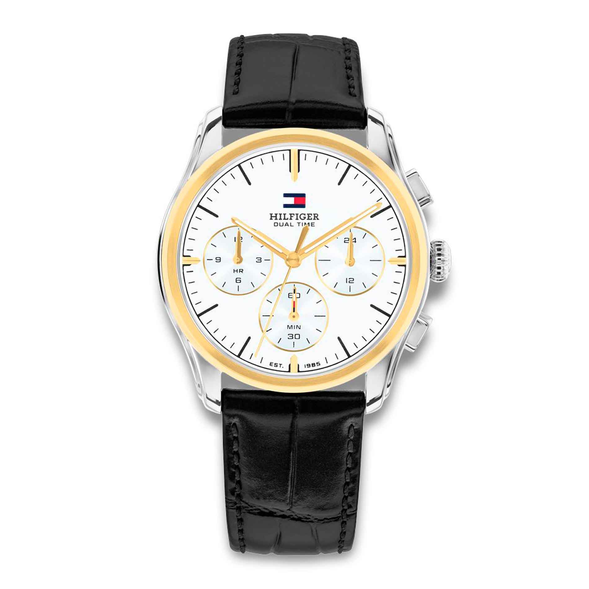 Tommy Hilfiger The Empire 38 mm herreur med hvid urskive og sort læderrem