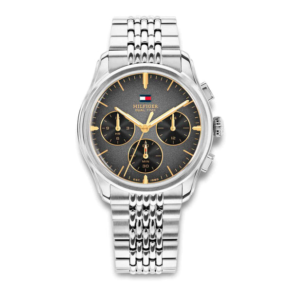 Tommy Hilfiger The Empire 38 mm herreur 1710812 med sort og graa urskive og soelvfarvet staallaenke