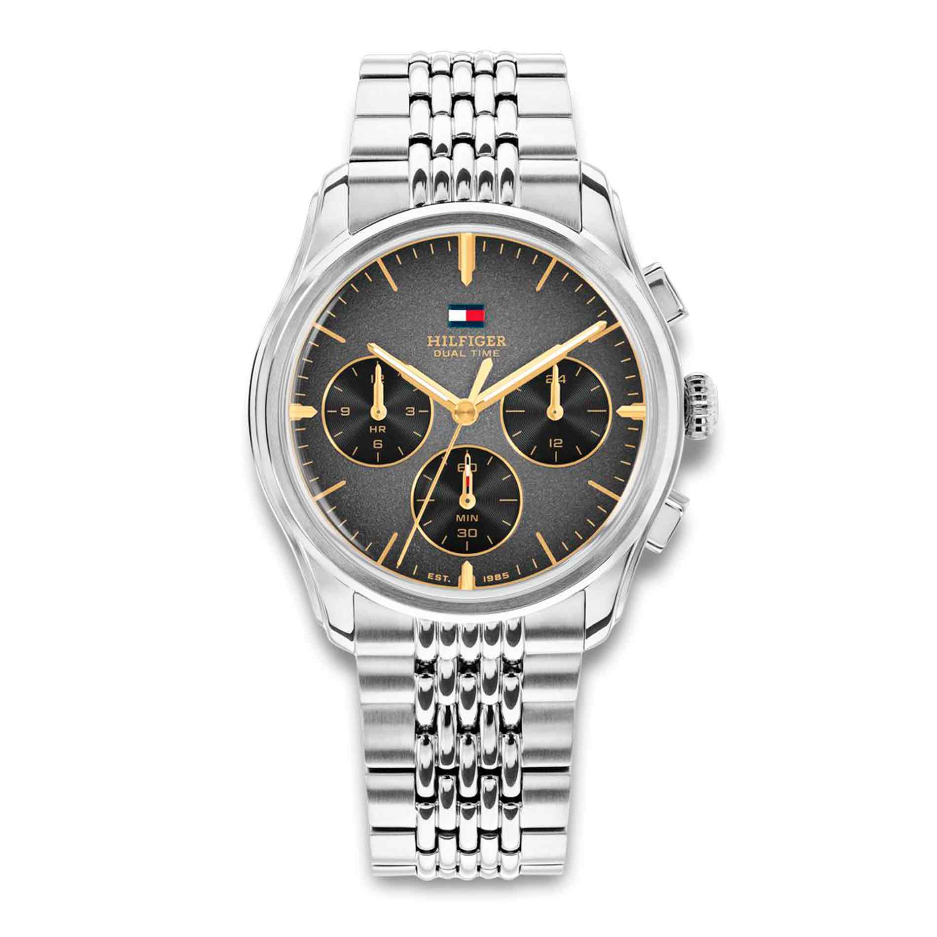 Tommy Hilfiger The Empire 38 mm herreur 1710812 med sort og graa urskive og soelvfarvet staallaenke