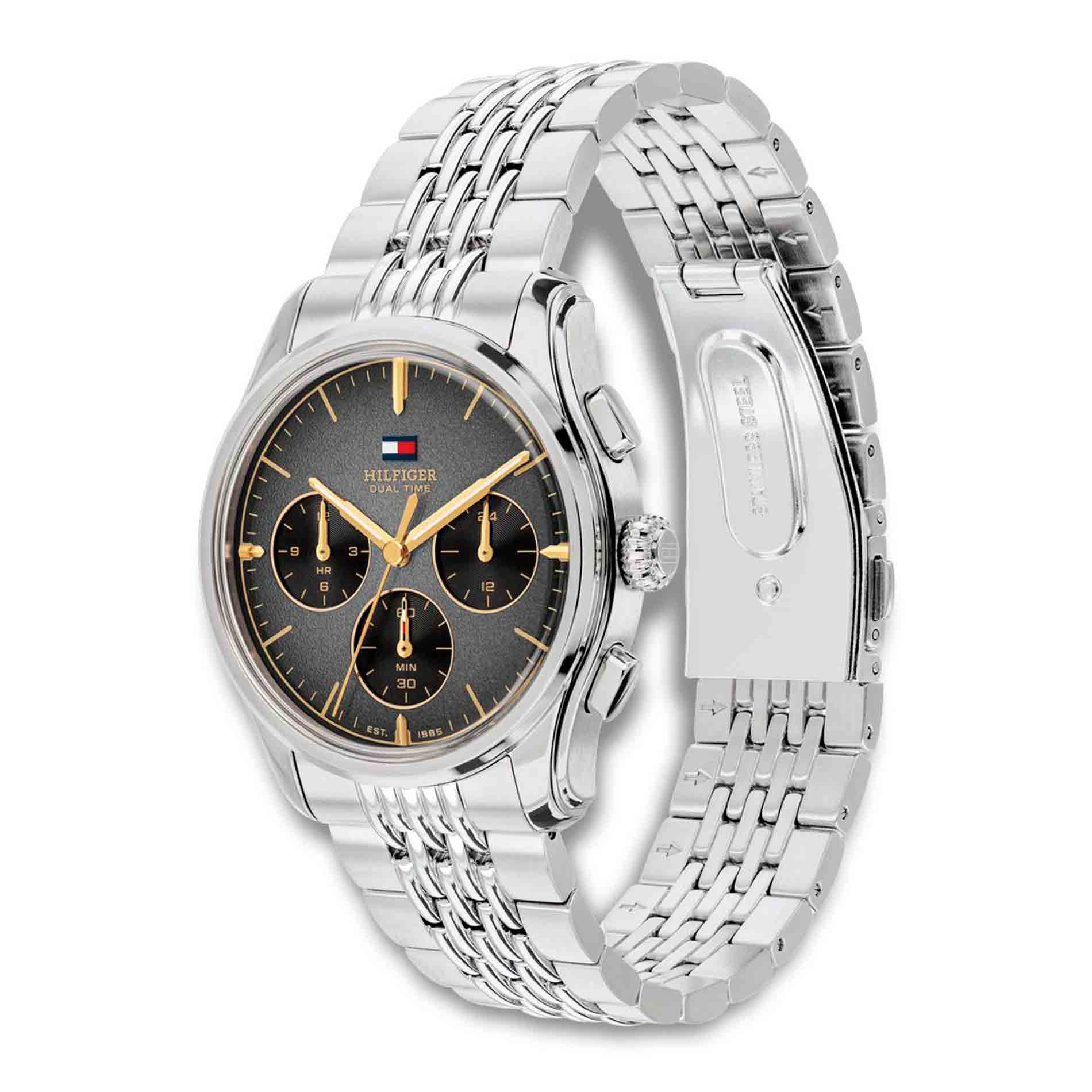 Tommy Hilfiger The Empire 1710812 herreur set fra siden med soelvfarvet urkasse og staallaenke